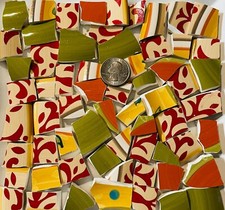 Broken China Mosaic Tile Craft Supplies - Red Green Orange Chunky Tiles F182