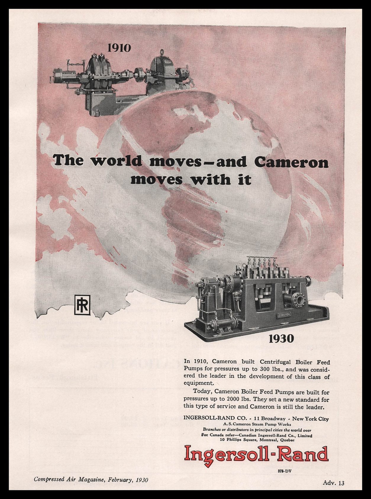 1930 Ingersoll Rand Co. New York Cameron Boiler Feed Compressor Pumps Print Ad