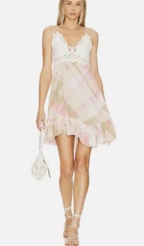 Intimately Free People Womens Adella Dress Large Babydoll Ivory Plaid Coquette