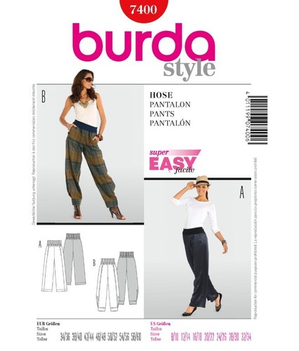 BURDA 7400 TROUSERS PANTS PLUS Misses Sewing Pattern Sizes 8 - 34 Skill: EASY