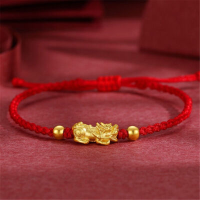 Real 24K Yellow Gold Bracelet 3D Pixiu Gold Bead Red Black Rope 6.5in Adjust
