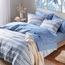 Queen Size Comforter Sets with Sheets, Modern Blue and White Striped Bed in a Ba