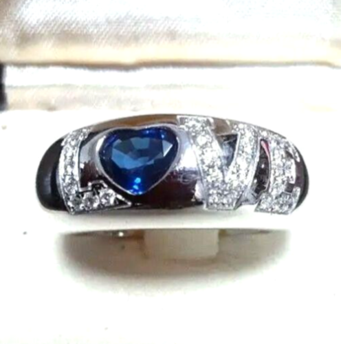 Chopard Heart Shape Blue Sapphire and Diamond 18k White Gold LOVE Ring Size 51 - Picture 1 of 4