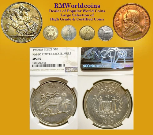 Belize Error Rare Mule 10 Dollars 1982 Rev w/1974-78 Obv, 3 coins struck, NGC 65
