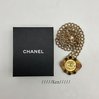 CHANEL Necklace AUTH Coco CC Chain Rare Pendant Logo Gold Grypore Color Stone