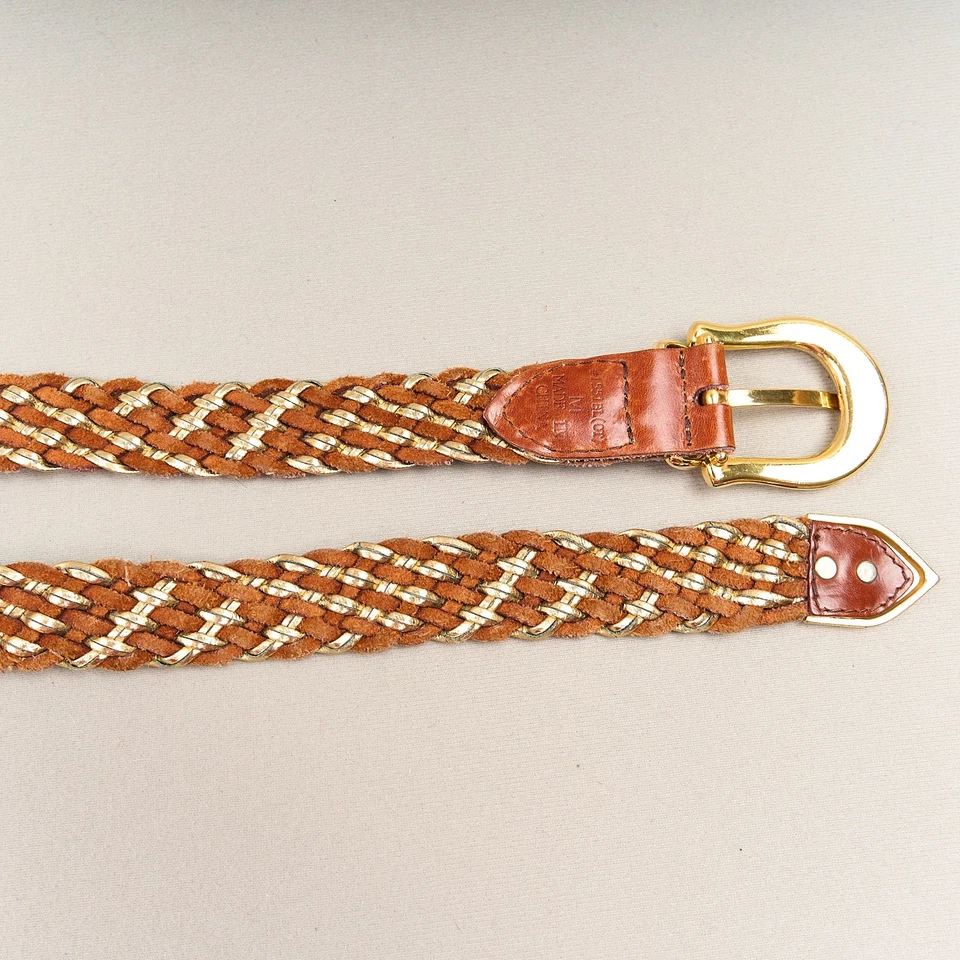 Cinturón de cuero trenzado vintage para mujer M marrón y metálico tejido hebilla tono dorado Foto 3 de 4