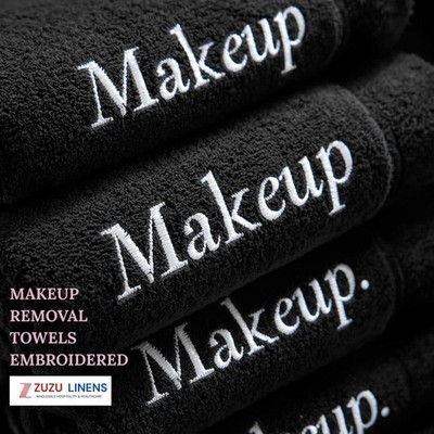 12 Pack Makeup Removal Towels - Embroidered Black 12 x 12 Cotton Washcloth