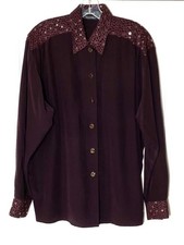 LOUIS FERAUD Plum Wine Sequin Crochet Lace Yoke Silk Shirt 12 Vintage 80's Circa