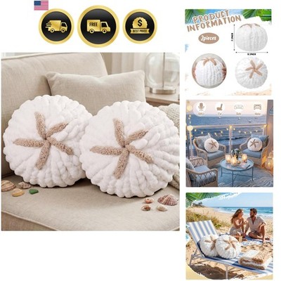 2 Pcs Hand Crochet Sand Dollar Pillows Knitted Throw Pillows Decorative Pillo...