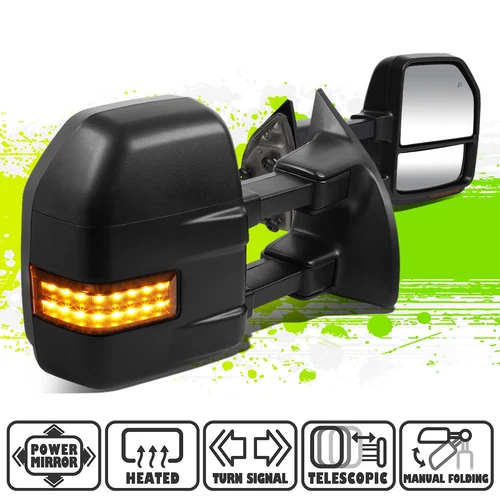 Black Power Heated Amber LED Signal Towing Mirrors for F250-550 Super Duty 99-07