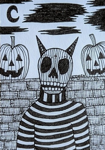 ACEO Art Card Original Halloween Skeleton Pumpkins Outsider Brut Ink ATC Signed