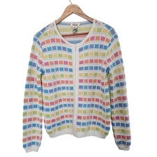 Vintage Talbots Cardigan Women Sm White Colorful Patchwork Granny Spring Retro