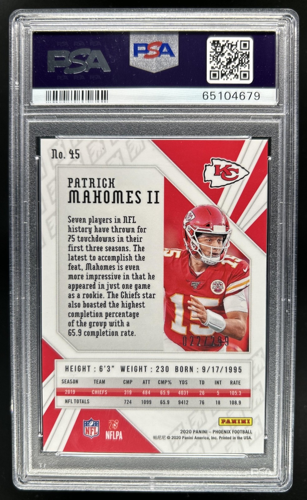 2020 Panini Phoenix Patrick Mahomes II Red #/299 Chiefs PSA 10 GEM MINT view 2