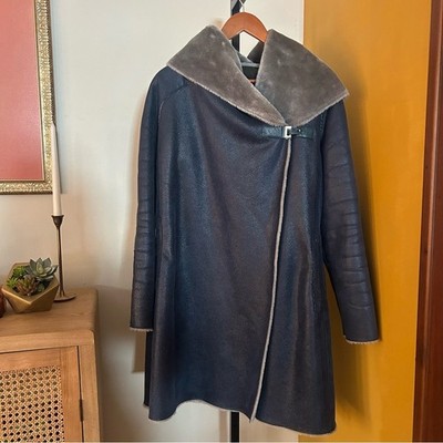 Adolfo Dominguez Faux Suede Fur Coat Off Center Fastening Buckle Hood 36 Size S