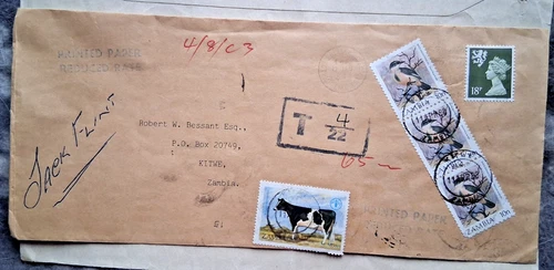 GREAT BRITAIN 1983 MACHIN STAMP COVER TO ZAMBIA WITH STAMPS USED AS POSTAGE DUES