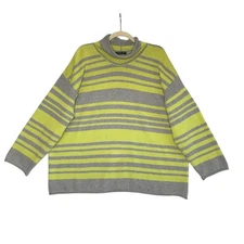 JOAN VASS USA Striped Cotton Sweater Women 2XL Lime/Gray Retro Travel Made USA