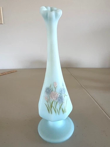 Vintage Fenton Bud Vase, Blue Satin Cameo Glass Hand Painted Signed M. Wagner