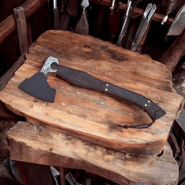 Machado Viking Artesanal Lâmina Gravada Nórdica Couro Coberto Madeira Bainha de Couro - Imagem 2 de 4