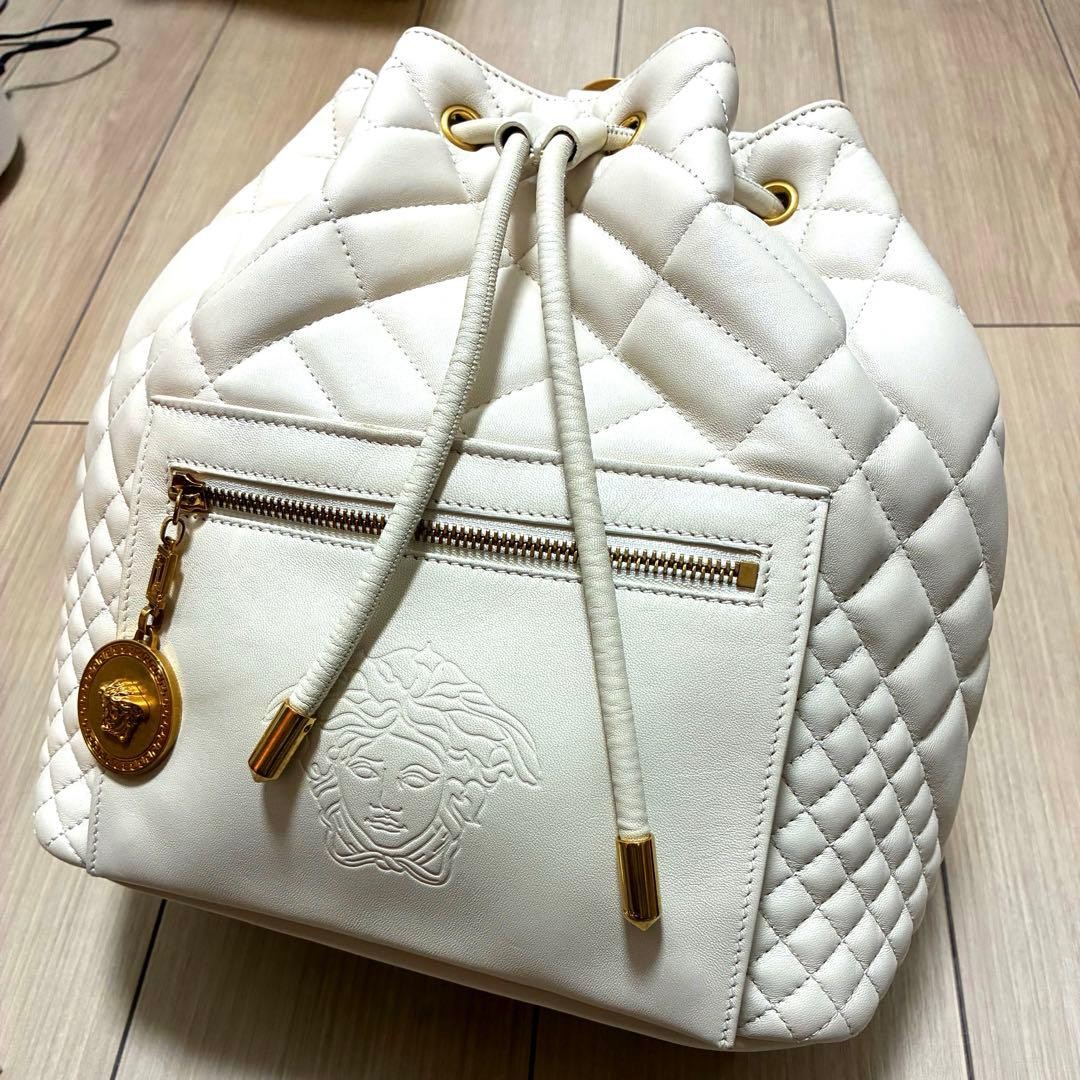 Versace White Quilted Backpack Gold Medal Charm Used Free Shipping