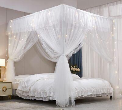 VETHIN 4 Corners Post Ruffle Princess Bed Canopy Curtain-Double Layer Cozy Dr...