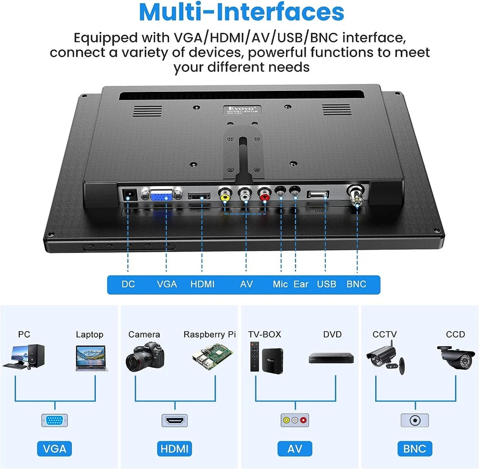 Eyoyo 12" LCD Monitor 1366x600 Display Screen AV VGA BNC HDMI Output w/ Speaker - Image 4 of 4