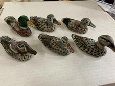 12 Carved (2x Set of 6) Hand Painted Mini Wooden Duck Figurines 4" x 2”