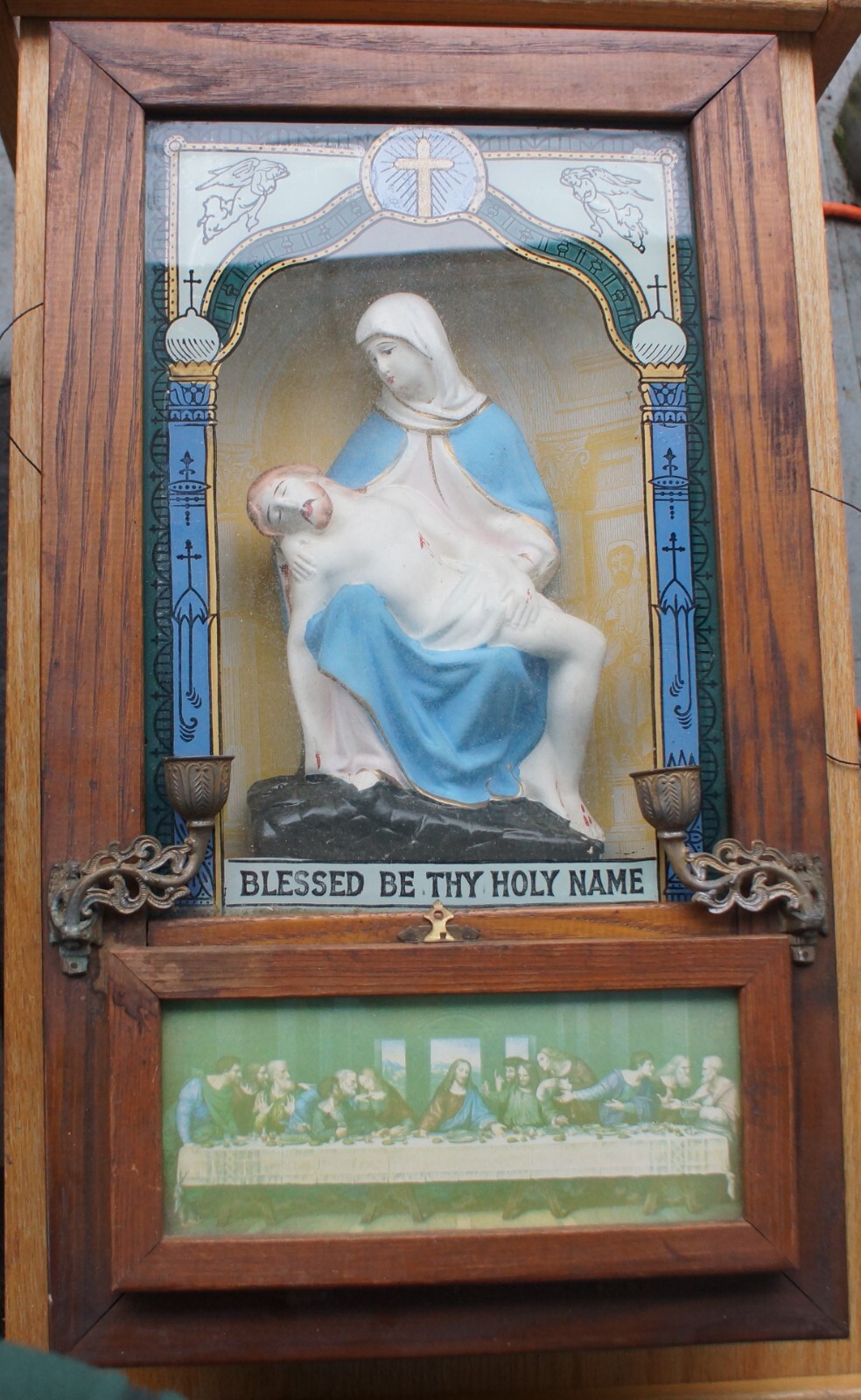 ANTIQUE 1900's CATHOLIC SHADOW BOX LAST RITES ALTER SICK CALL w Candle