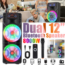 Portable 8000W Dual 12" Bluetooth Party Speaker with Wireless Mic LED Remote US