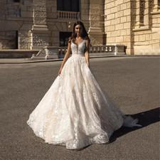 A Line Wedding Dresses V Neck Bridal Dress Straps Backless Appliques Bride Gown
