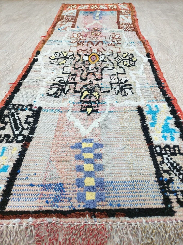 Vintage Faded Handmade Runner Rug 2x7 Berber Boucherouite Cotton Boujaad Old Rug - Image 3 of 4