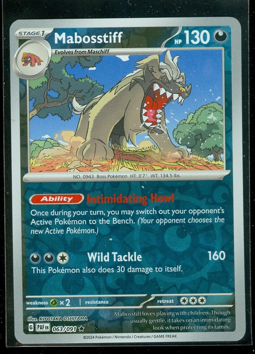 Pokemon MABOSSTIFF 063/091 - Paldean Fates RARE Rev Holo - MINT