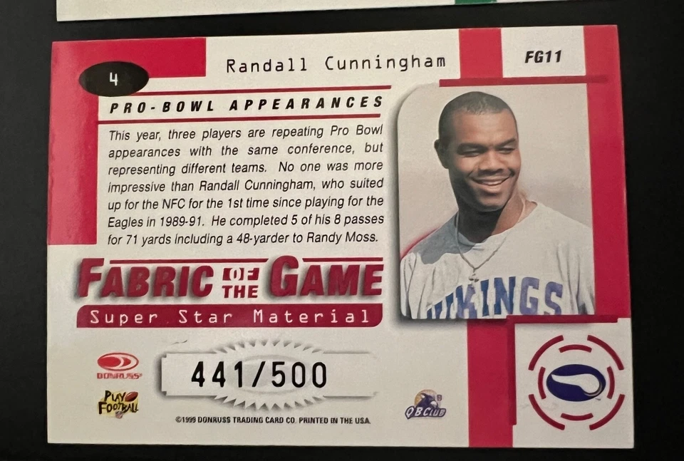 1999 Leaf Certified Fabric of Game #FG11 Randall Cunningham #'d 441/500 Vikings - Image 2 of 2