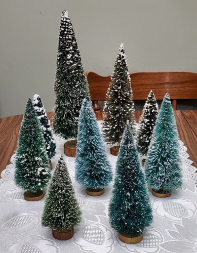 Vintage Set of 9 Bottle Brush Christmas Trees Various Shades Flocking 12" to 5"