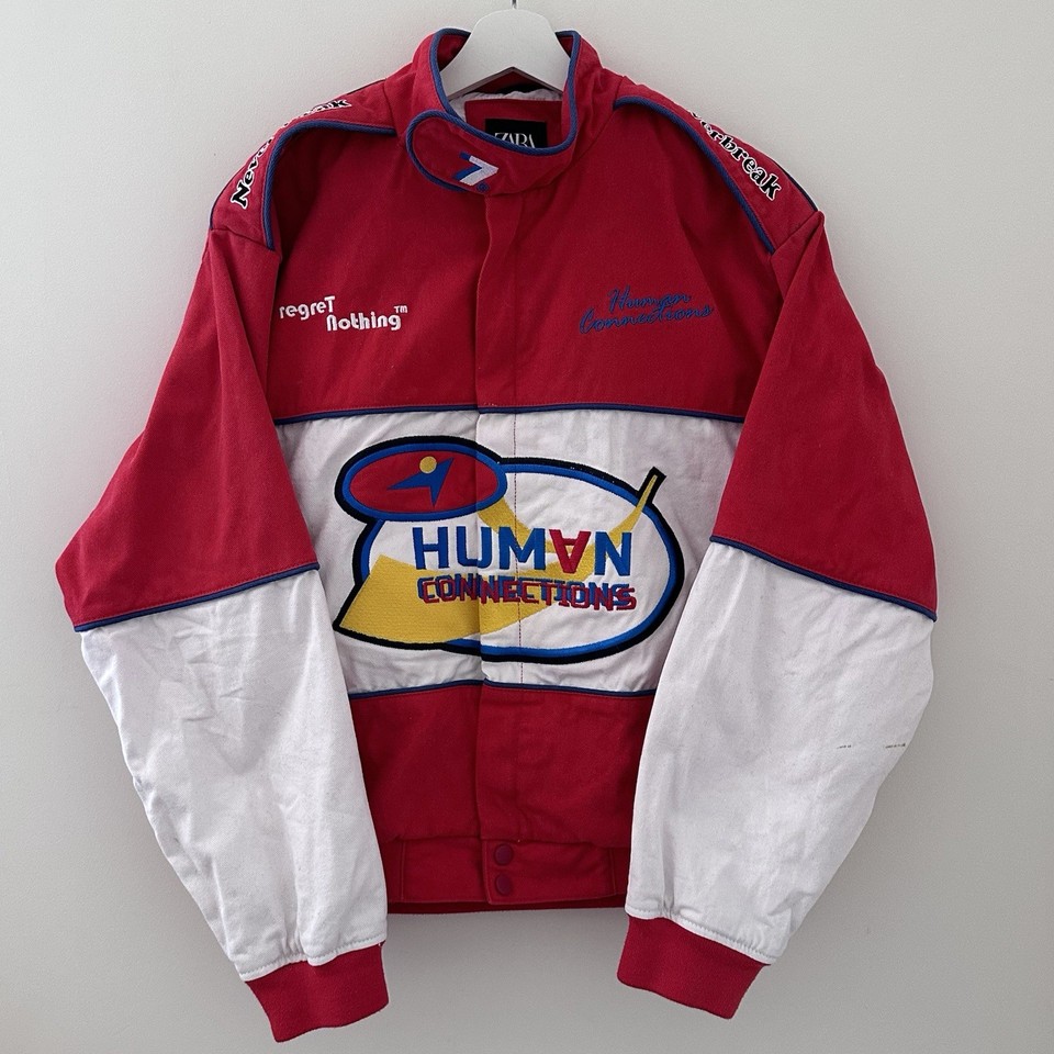 Zara Woman’s Varsity Bomber Racing Jacket - Red White Full Zip - Size Large - Au