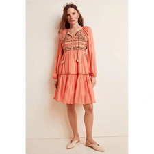 Bl^nk London Anthropologie Norah Coral Embroidered Tiered Dress Sz S Boho