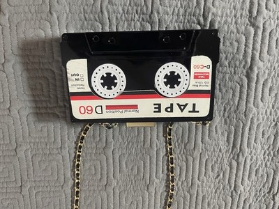 Cassette Tape Shaped Shoulder Bag Black White Red Novelty Chain Strap Retro