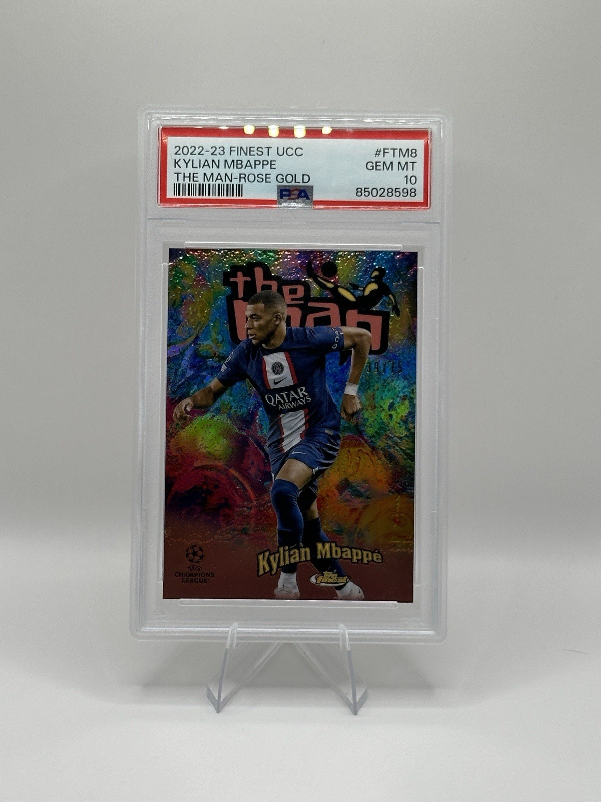 Topps 2022-23 Finest UEFA CC Kylian Mbappé The Man Rose Gold /75 FTM-8 PSA 10