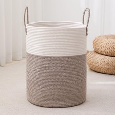 Tall Woven Cotton Rope Laundry Basket Hamper White Brown 60L Blanket Storage