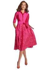 new Teri Jon by Rickie Freeman Embroidered Sash Belt Shirt Dress in Hot Pink 10