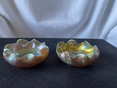 Tiffany Glass Nut Cups: silver blue and rose pink iridescent field ruffled rim