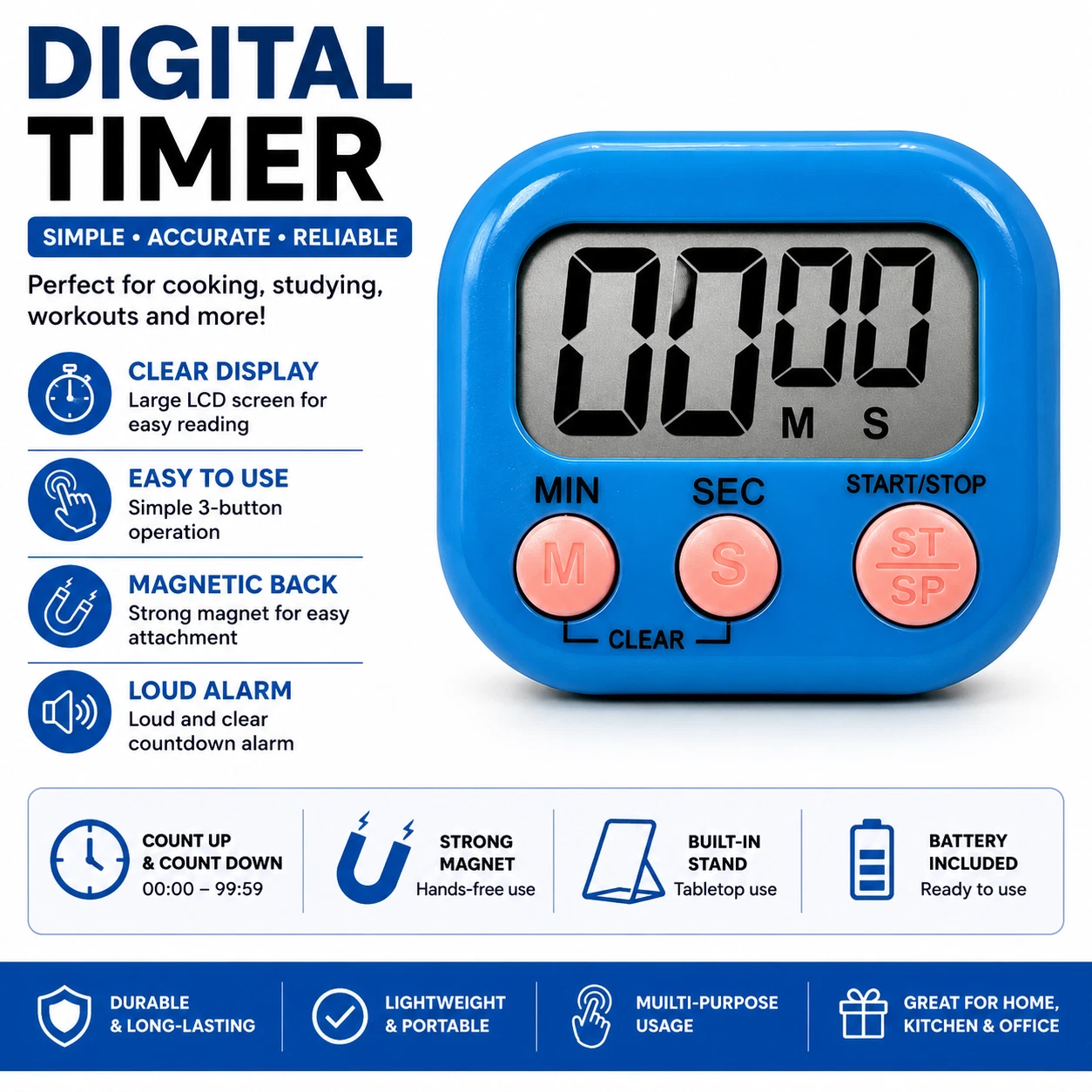 Digital Kitchen Timer LCD Count Up Down Magnetic Cooking Timer