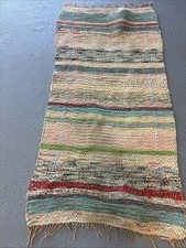 Antique Multicolored Hand Made Rectangular Rag Rug 52” x  25”