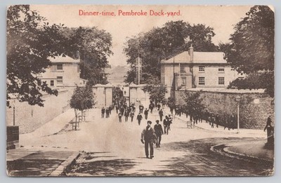 Dinner-time, Pembroke Dockyard, printed postcard, Edwardian workers scene