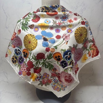 Gucci 100% Silk Square Scarf Floral Pansy Insects Pattern Multicolor