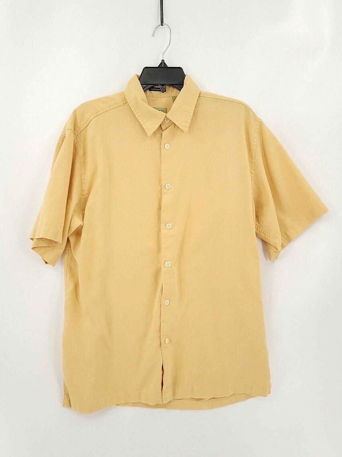 Izod Mens Button-Up Shirt Short Sleeve Size Medium Solid Yellow Silk Washable