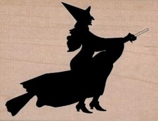 Witch on Broom Silhouette 3 x 3 3/4" Rubber Stamp, Halloween Stamp, Halloween