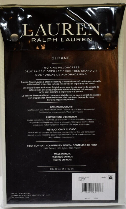 Lauren Ralph Lauren Sloane Two King Pillowcases Green 100% Cotton New! NWT - Image 2 of 4