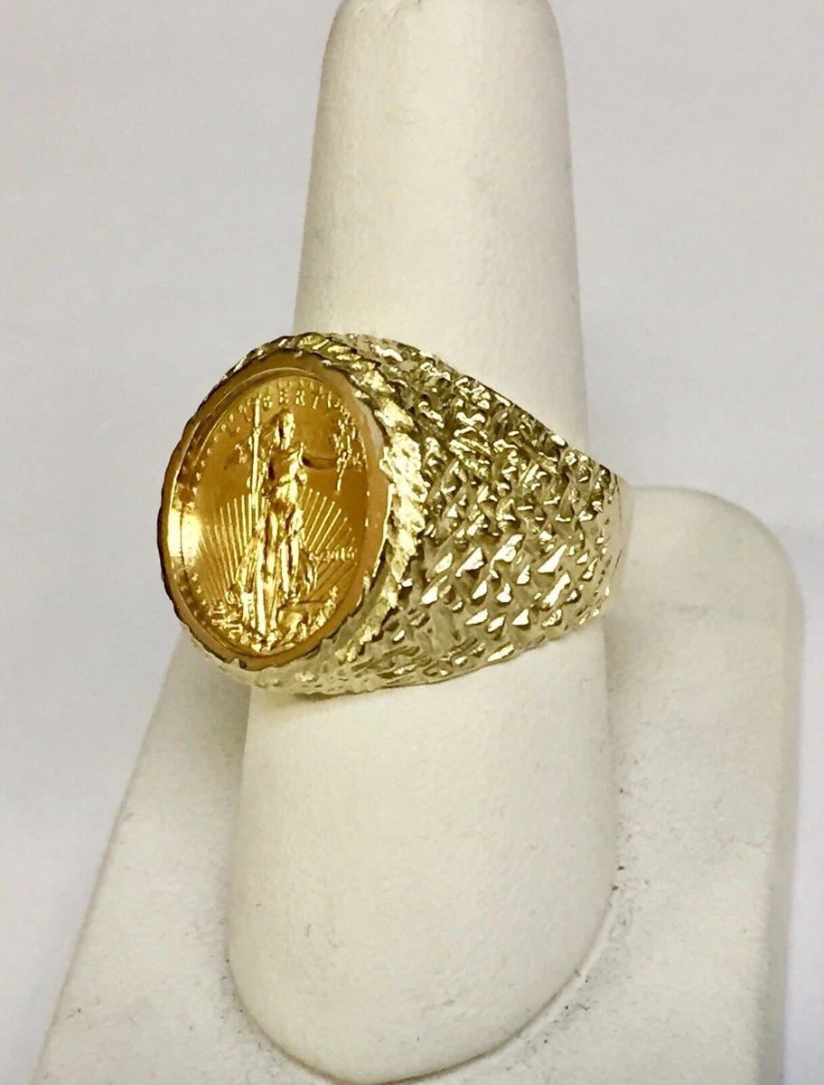 14K Gold Men s 25 MM NUGGET COIN RING with a 22 K 1 10 OZ AMERICAN