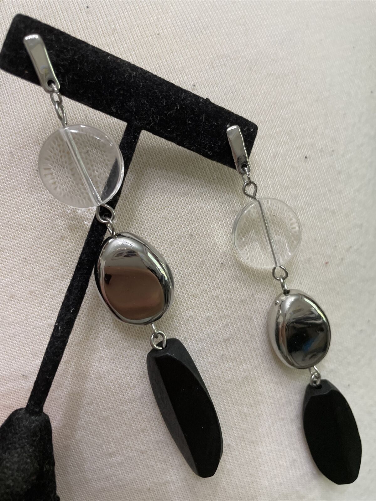 Modernist Black Silver Clear Long Dangle Earrings… - image 4