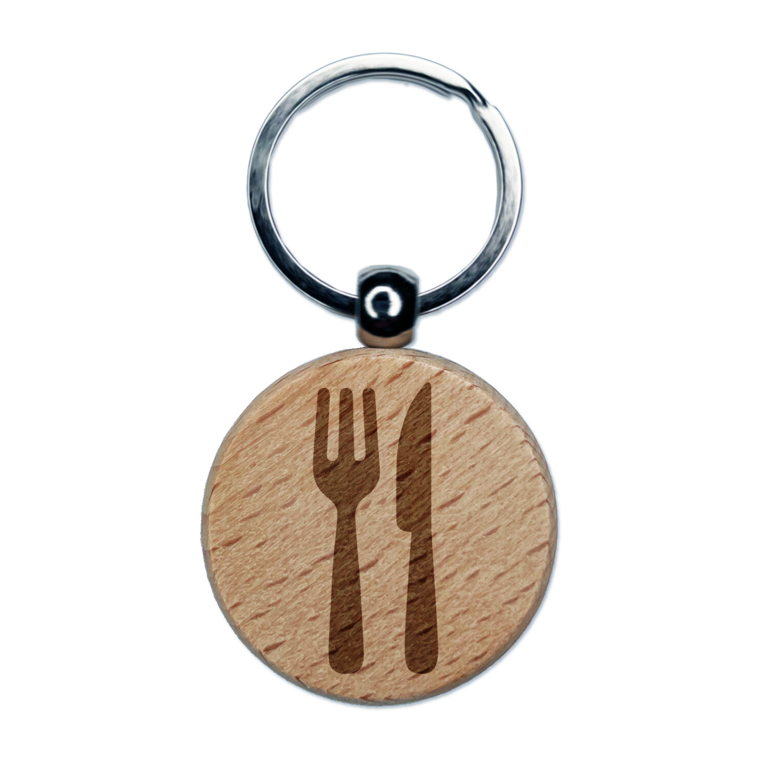 Fork and Knife Solid Silhouette Engraved Wood Round Keychain Tag Charm